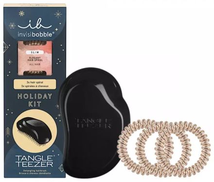 Invisibobble Classic Beauty Set - Gumička do vlasů slim 3 ks Zlaté + kartáč na vlasy Tangle Teezer Černý Dárková sada